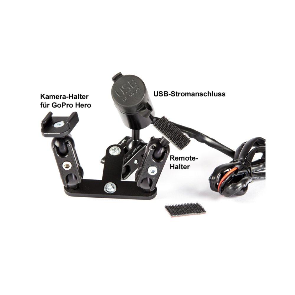Stromversorgung mit 3-fach (GoPro/WiFi/USB) Alu Halter Kugelflex® zur Montage am Rückspiegel