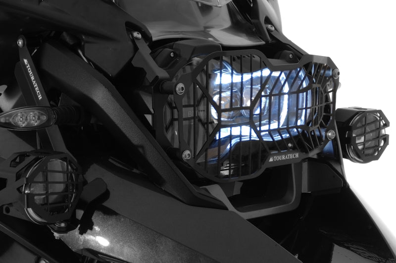Scheinwerferschutz Edelstahl, schwarz, mit Schnellverschluss für LED Hauptscheinwerfer, für BMW R1250GS/ R1250GS Adventure/ R1200GS ab 2013/ R1200GS Adventure ab 2014 *OFFROAD USE ONLY*