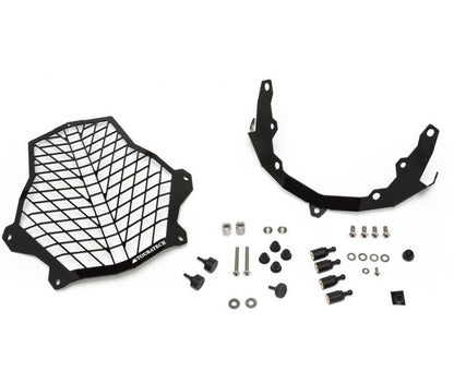 Scheinwerferschutz Edelstahl schwarz mit Schnellverschluss, Halter schwarz, für KTM 1050 Adventure/ 1090 Adventure/ 1190 Adventure/ 1190 Adventure R/ 1290 Super Adventure *OFFROAD USE ONLY*