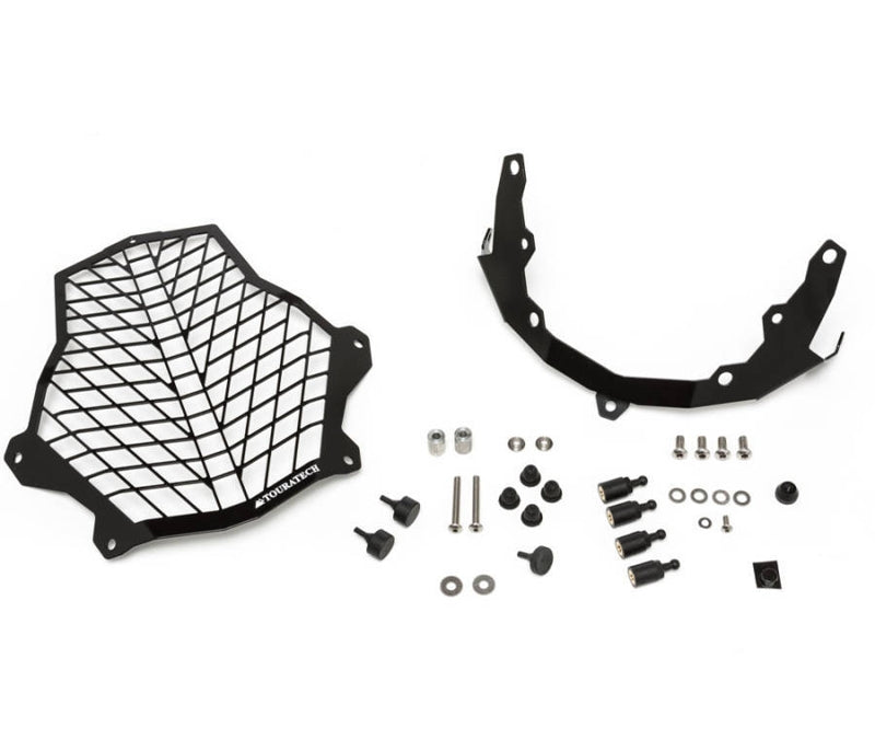 Scheinwerferschutz Edelstahl schwarz mit Schnellverschluss, Halter schwarz, für KTM 1050 Adventure/ 1090 Adventure/ 1190 Adventure/ 1190 Adventure R/ 1290 Super Adventure *OFFROAD USE ONLY*
