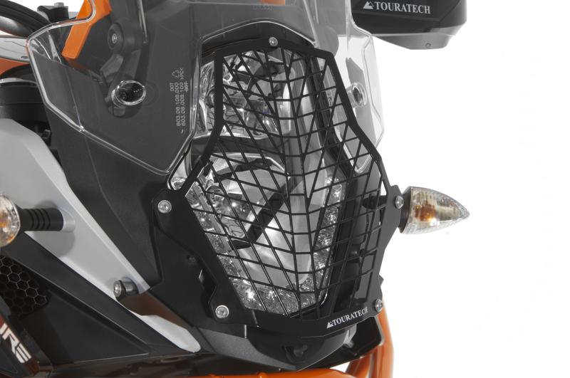 Scheinwerferschutz Edelstahl schwarz mit Schnellverschluss, Halter schwarz, für KTM 1050 Adventure/ 1090 Adventure/ 1190 Adventure/ 1190 Adventure R/ 1290 Super Adventure *OFFROAD USE ONLY*