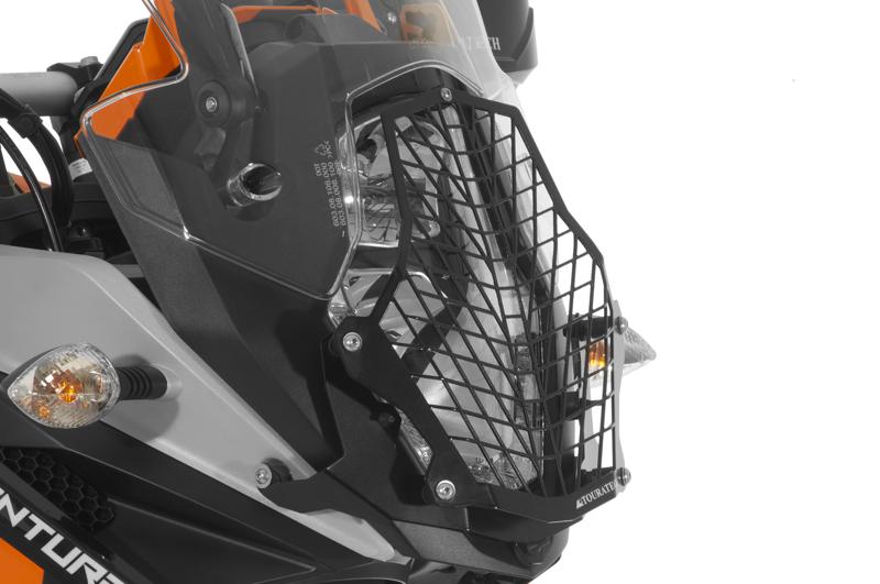 Scheinwerferschutz Edelstahl schwarz mit Schnellverschluss, Halter schwarz, für KTM 1050 Adventure/ 1090 Adventure/ 1190 Adventure/ 1190 Adventure R/ 1290 Super Adventure *OFFROAD USE ONLY*