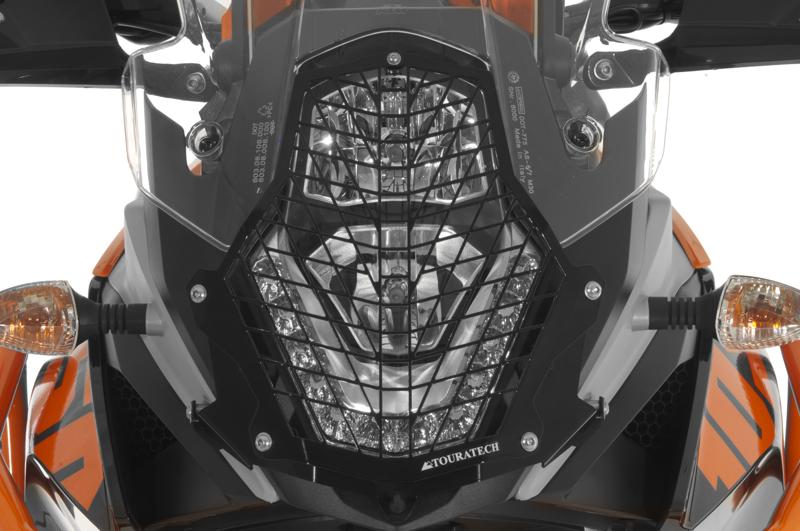 Scheinwerferschutz Edelstahl schwarz mit Schnellverschluss, Halter schwarz, für KTM 1050 Adventure/ 1090 Adventure/ 1190 Adventure/ 1190 Adventure R/ 1290 Super Adventure *OFFROAD USE ONLY*