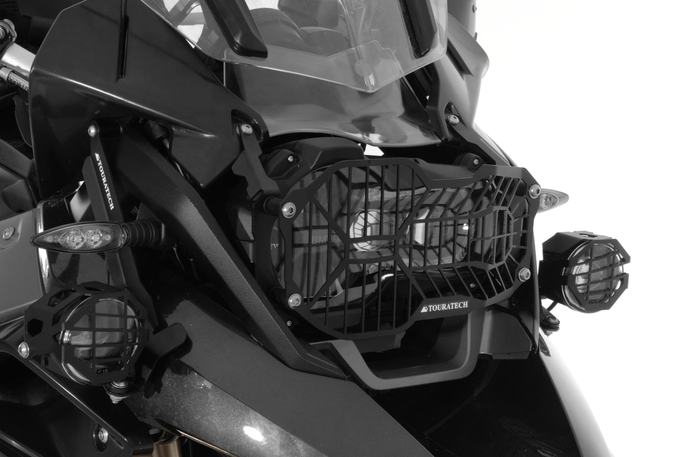 Scheinwerferschutz Edelstahl, schwarz, mit Schnellverschluss für LED Hauptscheinwerfer, für BMW R1250GS/ R1250GS Adventure/ R1200GS ab 2013/ R1200GS Adventure ab 2014 *OFFROAD USE ONLY*