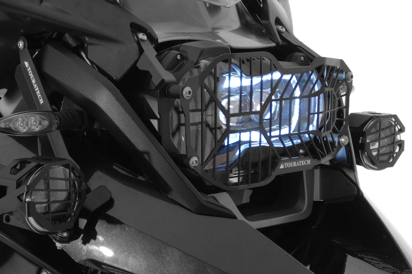 Scheinwerferschutz Edelstahl, schwarz, mit Schnellverschluss für LED Hauptscheinwerfer, für BMW R1250GS/ R1250GS Adventure/ R1200GS ab 2013/ R1200GS Adventure ab 2014 *OFFROAD USE ONLY*