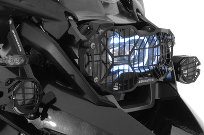 Scheinwerferschutz Edelstahl, schwarz, mit Schnellverschluss für LED Hauptscheinwerfer, für BMW R1250GS/ R1250GS Adventure/ R1200GS ab 2013/ R1200GS Adventure ab 2014 *OFFROAD USE ONLY*